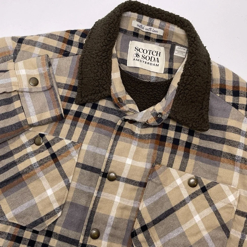 Scotch & Soda Men's Small Tan Brown Mocha Sherpa Lined Plaid Flannel Jacket
